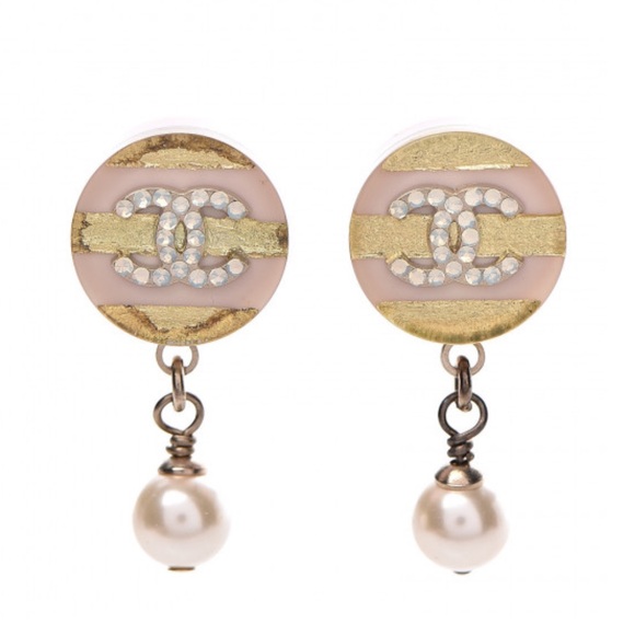 CHANEL Resin Crystal Pearl Striped CC Drop Earrings Pink Gold - Picture 1 of 5